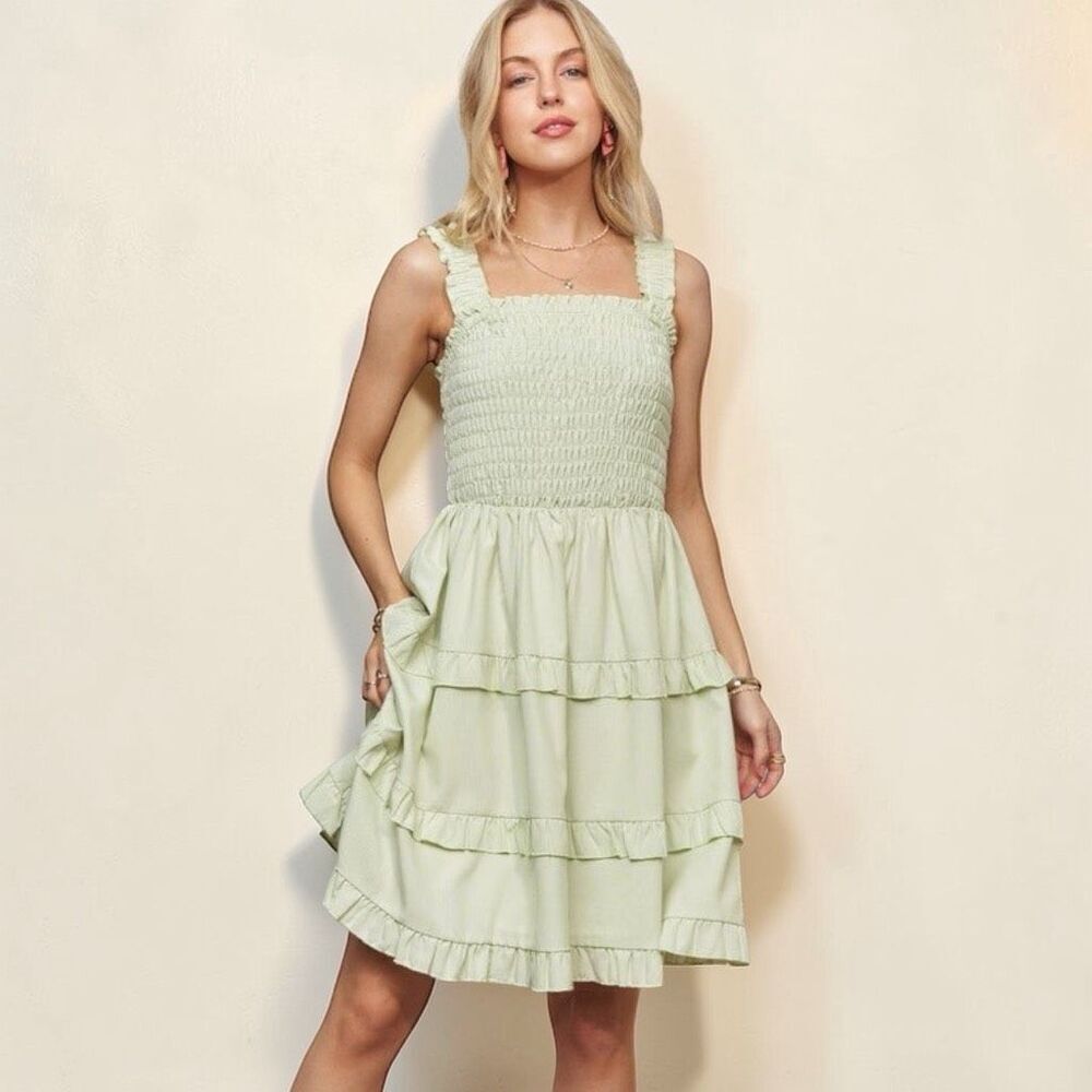 Sage Green Smocked Tiered Mini Sundress Ruffle Straps NWT